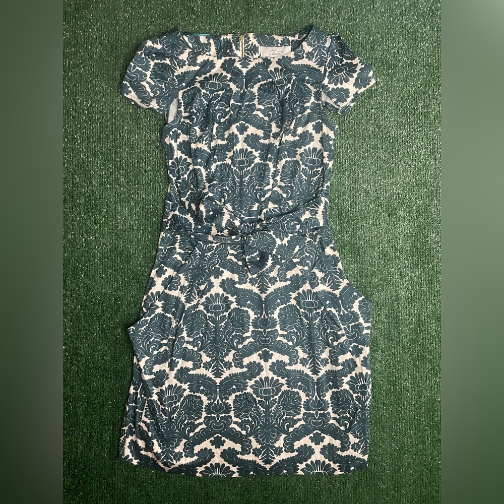 Closet Teal and Cream Midi Dress with Tie Waist